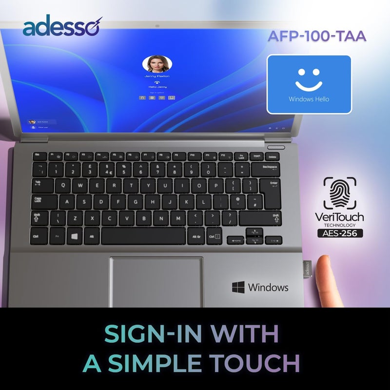 Adesso USB Fingerprint Reader Windows Hello Compatible Built-in Biometric Security AES256 Encryption Made in Taiwan TAA Compliant AFP-100-TAA - Image 5